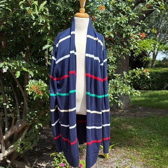 Lands' End Open Long Cardigan Sweater Navy Blue Striped 100% cotton medium - Picture 2 of 7